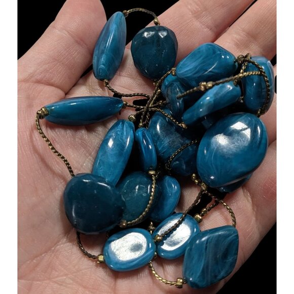 Swirly Blue Faux Stone Station Necklace On Gold Tone Chain - Picture 3 of 5